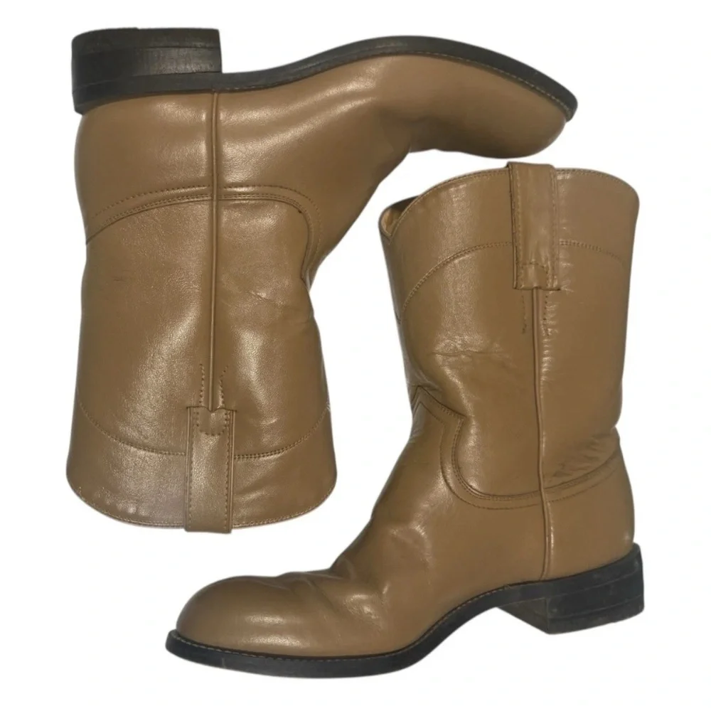 Justin Junior Western Boots Size 5.5 Tan Leather Mid Calf Round Toe Cowboy